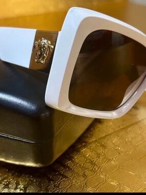 Versace White Square Sunglasses with Gold Medallion.  Only Worn Twice!